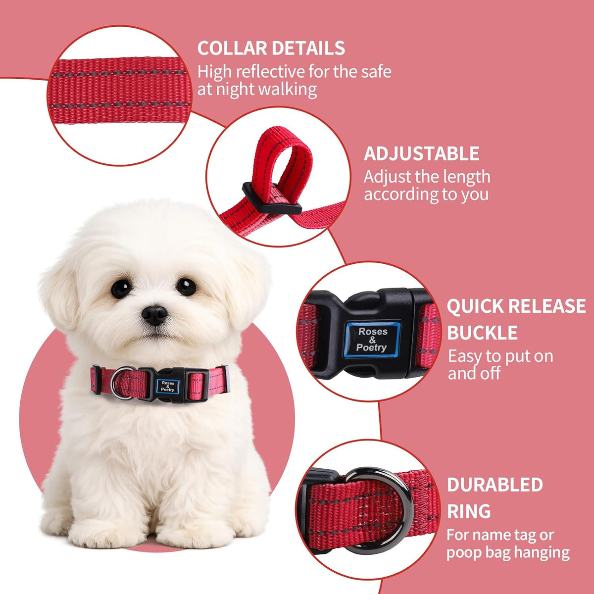 Roses&Poetry Reflective Dog Collar with Gradient Mistyrose - S / RosePink - image 2