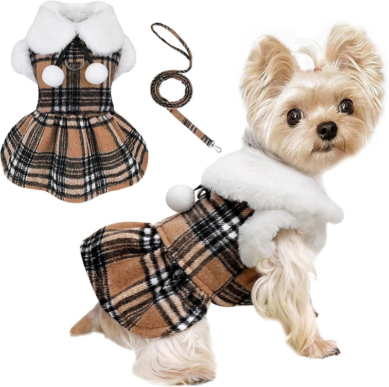 Dog Sweater with Leash Set D Ring Plaid Fleece Dog Clothes for Small - XX-Small (Chest 11in ) / Khaki with Leash