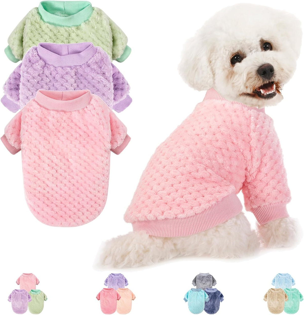 POMIU Dog Sweater, 3 Pack Dog Sweaters for Small Medium Dogs or Cat – Essentials for Dogs - Pink+Purple+Light Green / Large