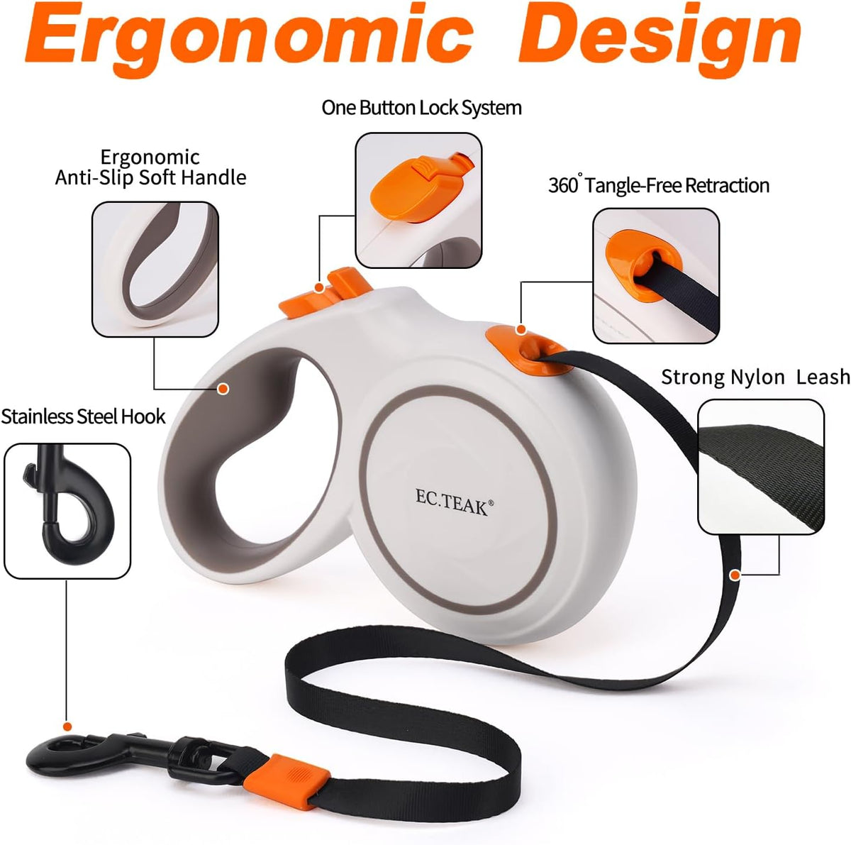 Retractable Dog Leash, Strong Nylon Tape, Tangle Free - White/Orange / Large - image 2