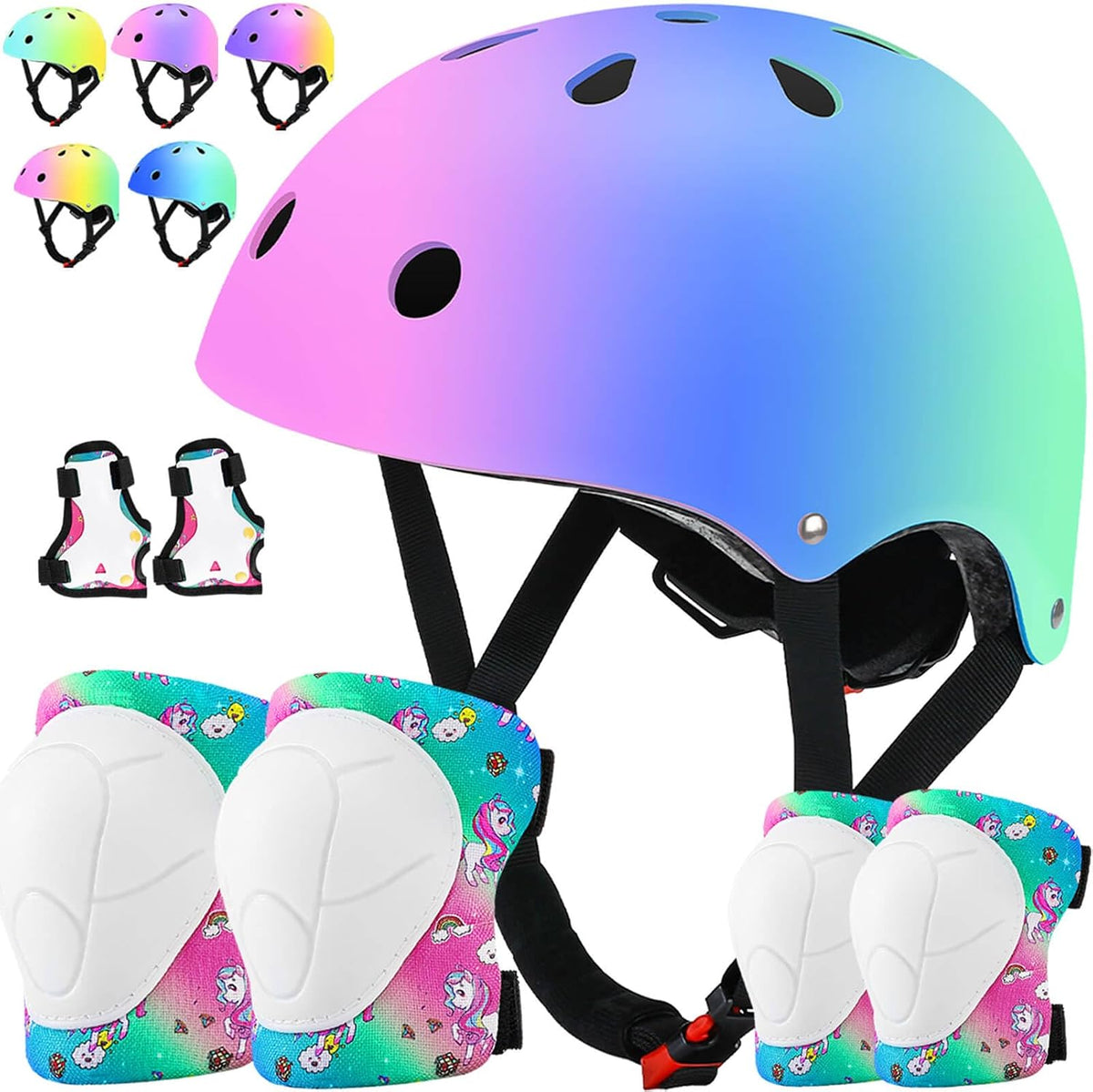 Toddler Kids Bike Helmet Set with Knee Elbow Pads - Pinkbluegreen/Colorful / Medium: 21.7"-22.8"/55-58cm
