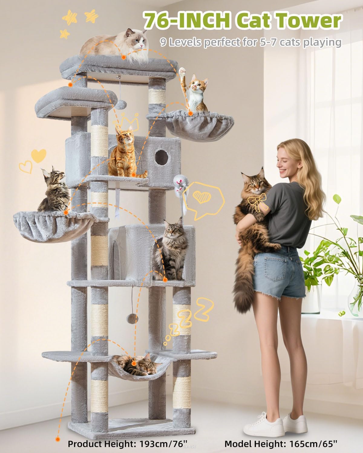 Taoqimiao 32.2in Cat Tree with Toy - Light Gray / 76 inch - image 3