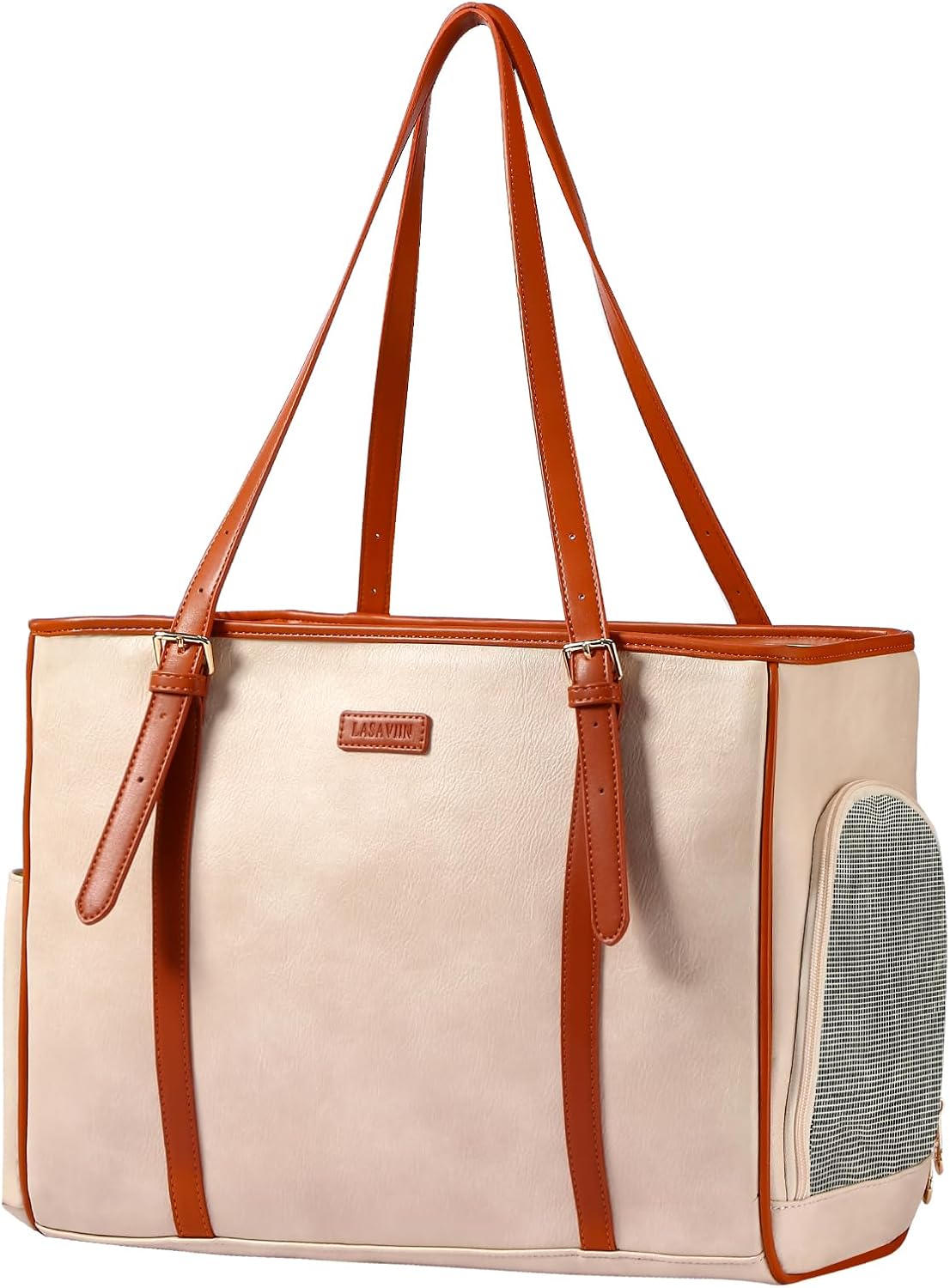 Fashion Dog Purse Pet Carrier Leather Bag for Small Dogs Cats Puppy - Beige