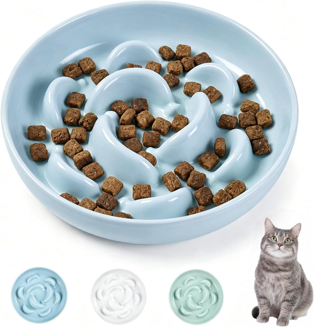 Melamine Slow Feeder Cat Bowls, Dishwasher Safe - Blue / 2"H