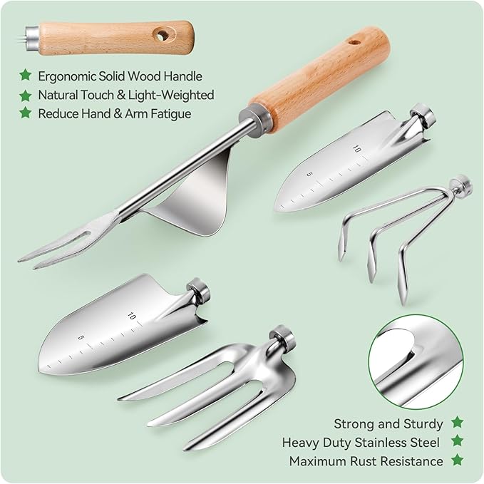 Gardening Tools 9-Piece Heavy Duty Gardening Hand Tools with Fashion and Durable Garden Tools Organizer Handbag,Rust-Proof Garden Tool Set, Ideal Gardening Gifts for Women