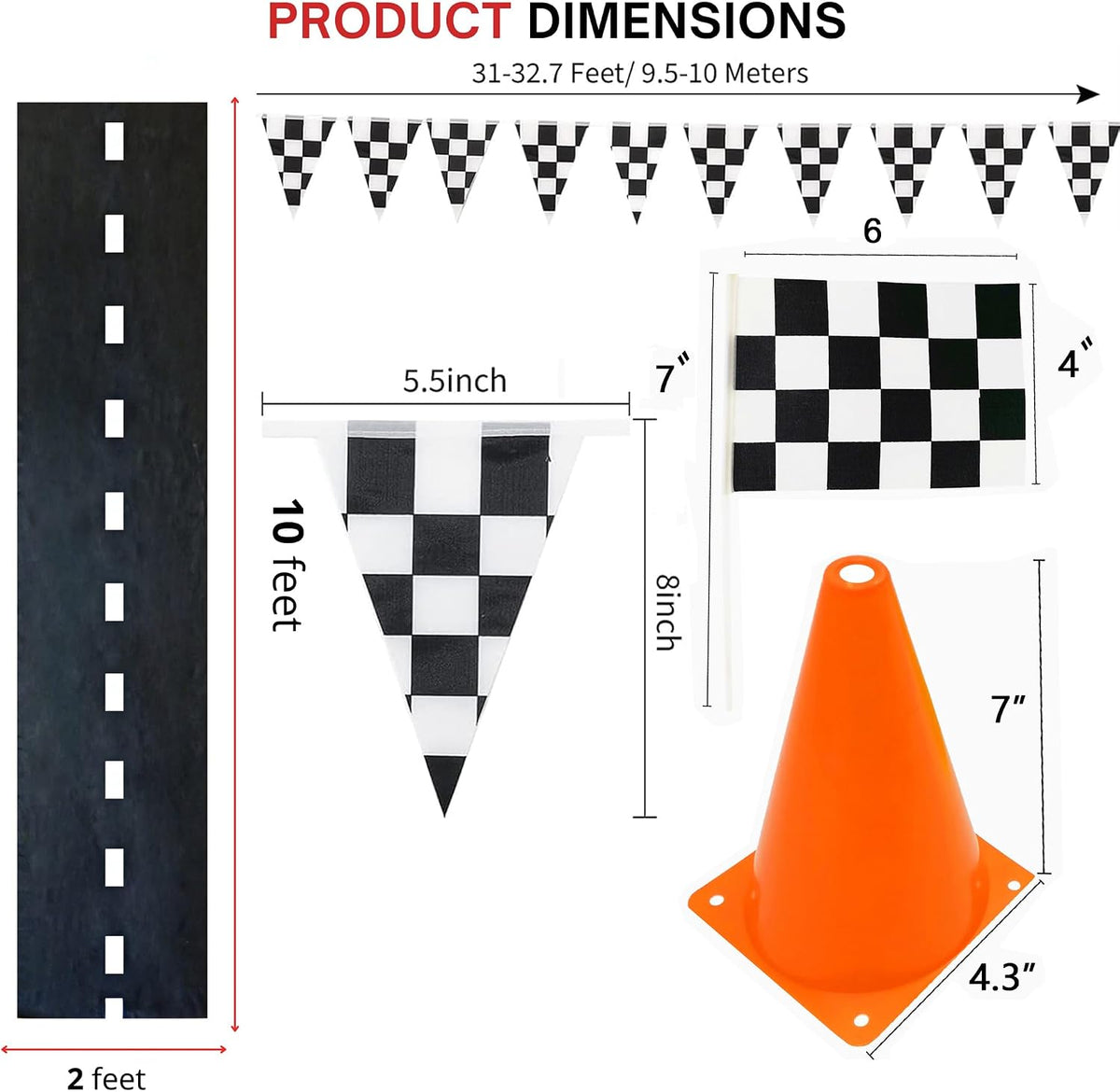 YOELVN race car party cones, six orange 7 inch traffic cones holding checkered flags - view 15