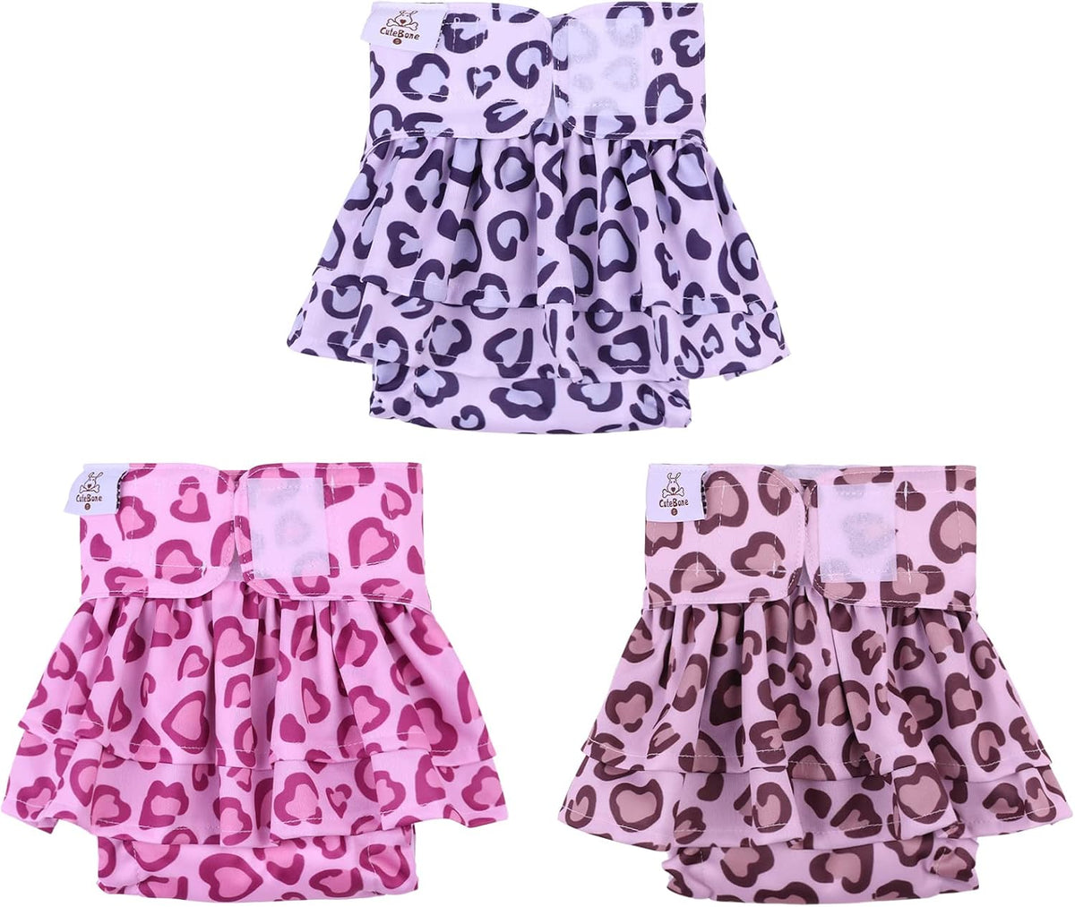 CuteBone Female Dog Diapers with Skirts 3 Pack Reusable Puppy Dresses - Leopard print 3pcs skirts / S