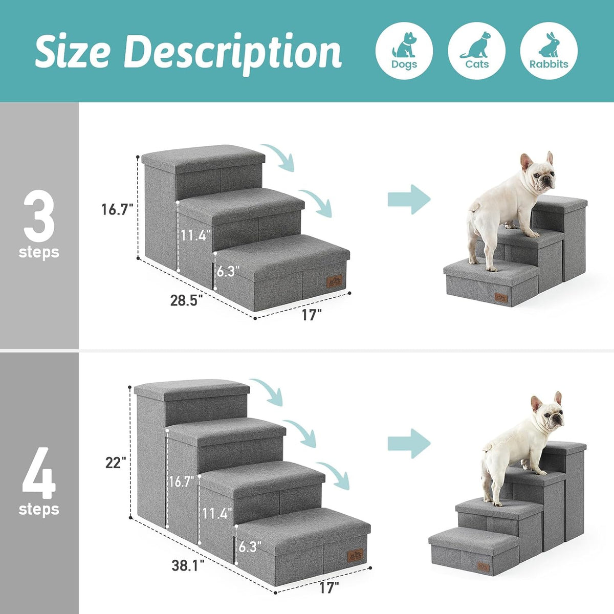 COZY KISS Dog Stairs with Storage, 16.7" H Wider Dog Steps - Grey / 4 / 38.1x17x22 inch - image 3