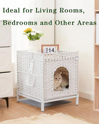 Cat Litter Box Enclosure Hidden Litter Box Furniture with Metal Heightened Feet, Rattan Handwoven Cat House with Litter Mat, Hidden Litter Box Furniture for Bedroom Living Room White