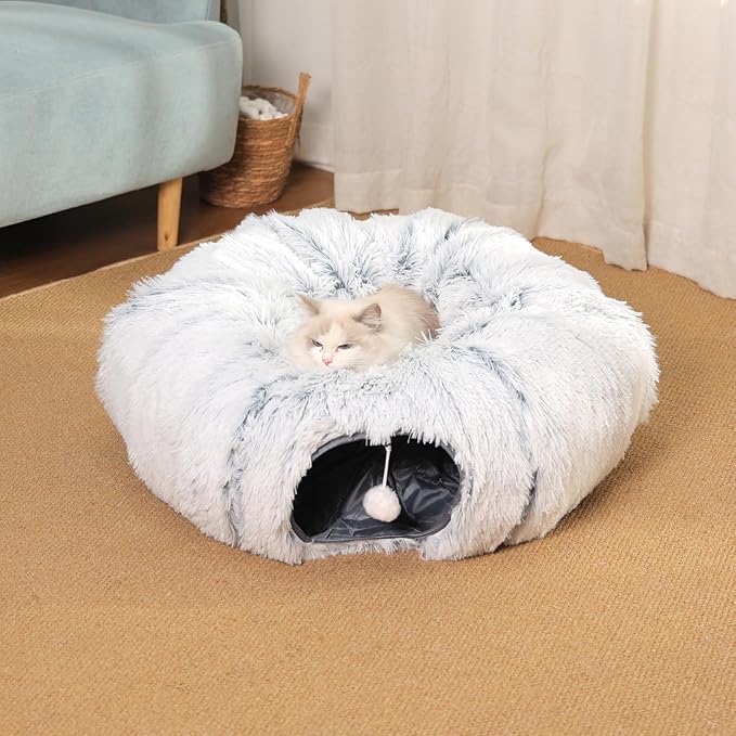 Cat Tunnel with Cat Bed for Indoor Cats, Soft Plush Peekaboo Cat Cave Donut Tunnel, Multifunctional Playground Toys Hideplace for Small Medium Large Kittens, Rabbit, Ferret