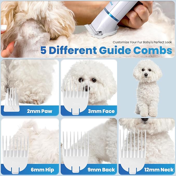 3-in-1 Dog & Cat Grooming Kit - Rechargeable Cordless Pet Hair Clippers with Nail Grinder & Paw Trimmer & 5 Guide Combs, Low Noise Dog Clippers for Grooming Small Medium Pets