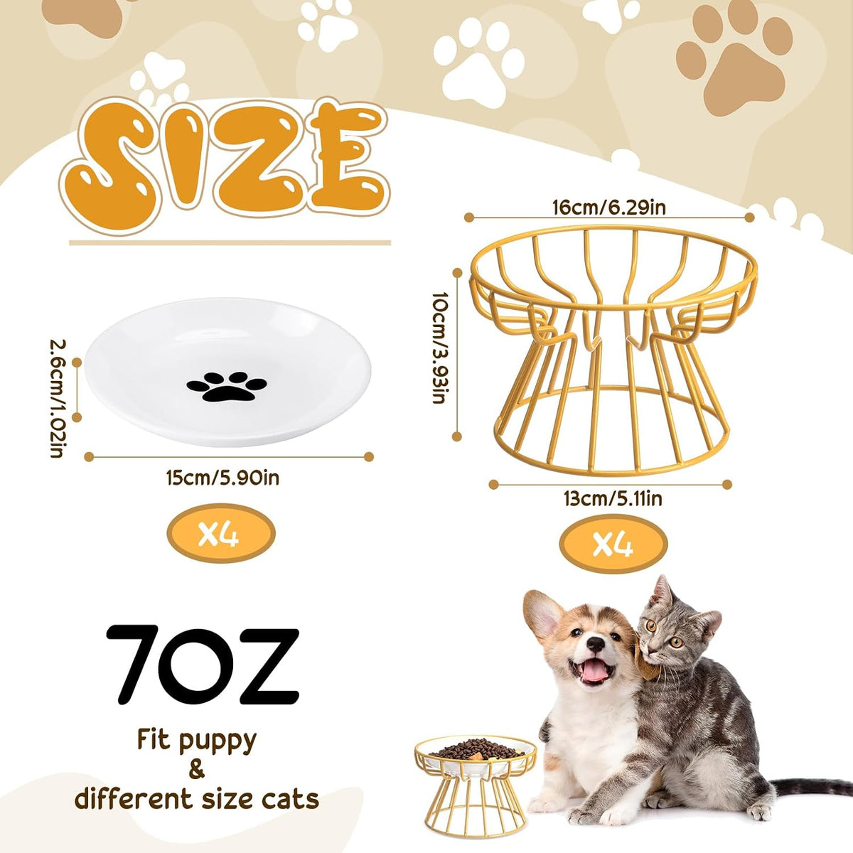 4 Sets Elevated Cat Bowls Ceramic Raised Cat Food Bowls with Metal - Gold / Paw - image 2