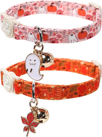 Halloween Cat Collar-2Pack Autumn Pumpkin Kitten Collars-Funny - Fall Leaves & Floral Ghost Pumpkin