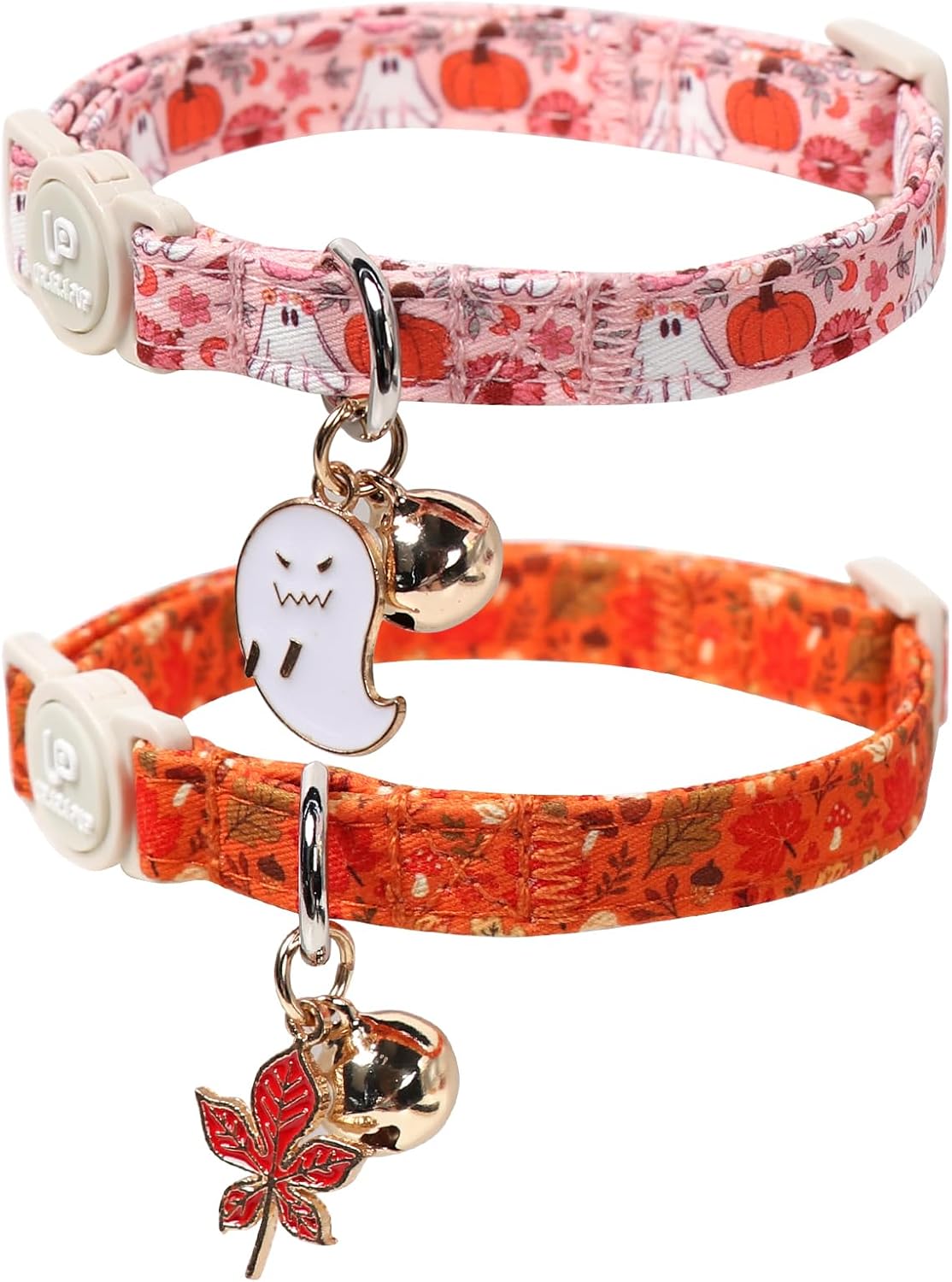 Halloween Cat Collar-2Pack Autumn Pumpkin Kitten Collars-Funny - Fall Leaves & Floral Ghost Pumpkin