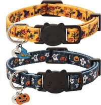 Halloween Cat Collar, Cotton 2 Pack Cat Collar with Bells - Halloween Black / 7-11''