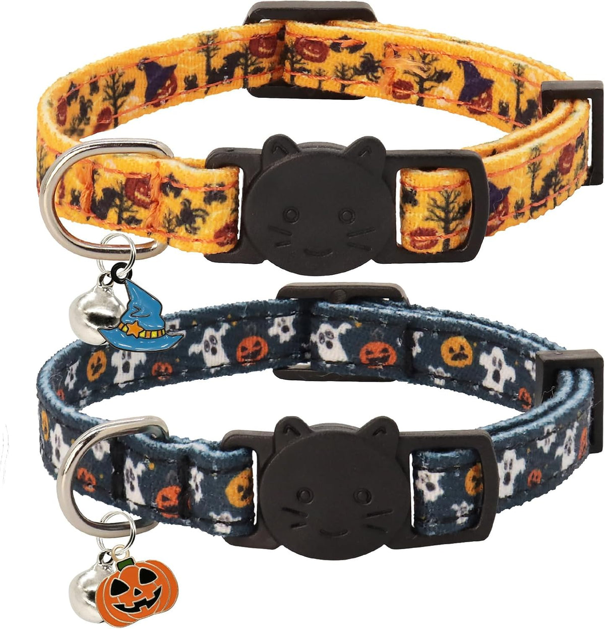 Halloween Cat Collar, Cotton 2 Pack Cat Collar with Bells - Halloween Black / 7-11''