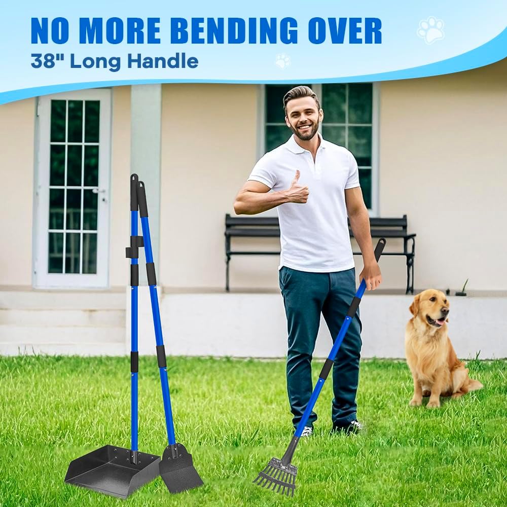 Metal Pooper Scooper for Dogs Heavy Duty Long Handle Rake - 2.Blue with black - image 2