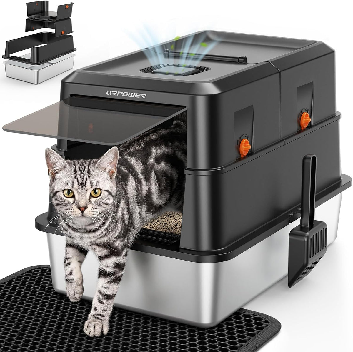 URPOWER XL Stainless Steel Cat Litter Box with 180° Flip-Top Lid – Daily Care for Cats - Matte Black / X-Large