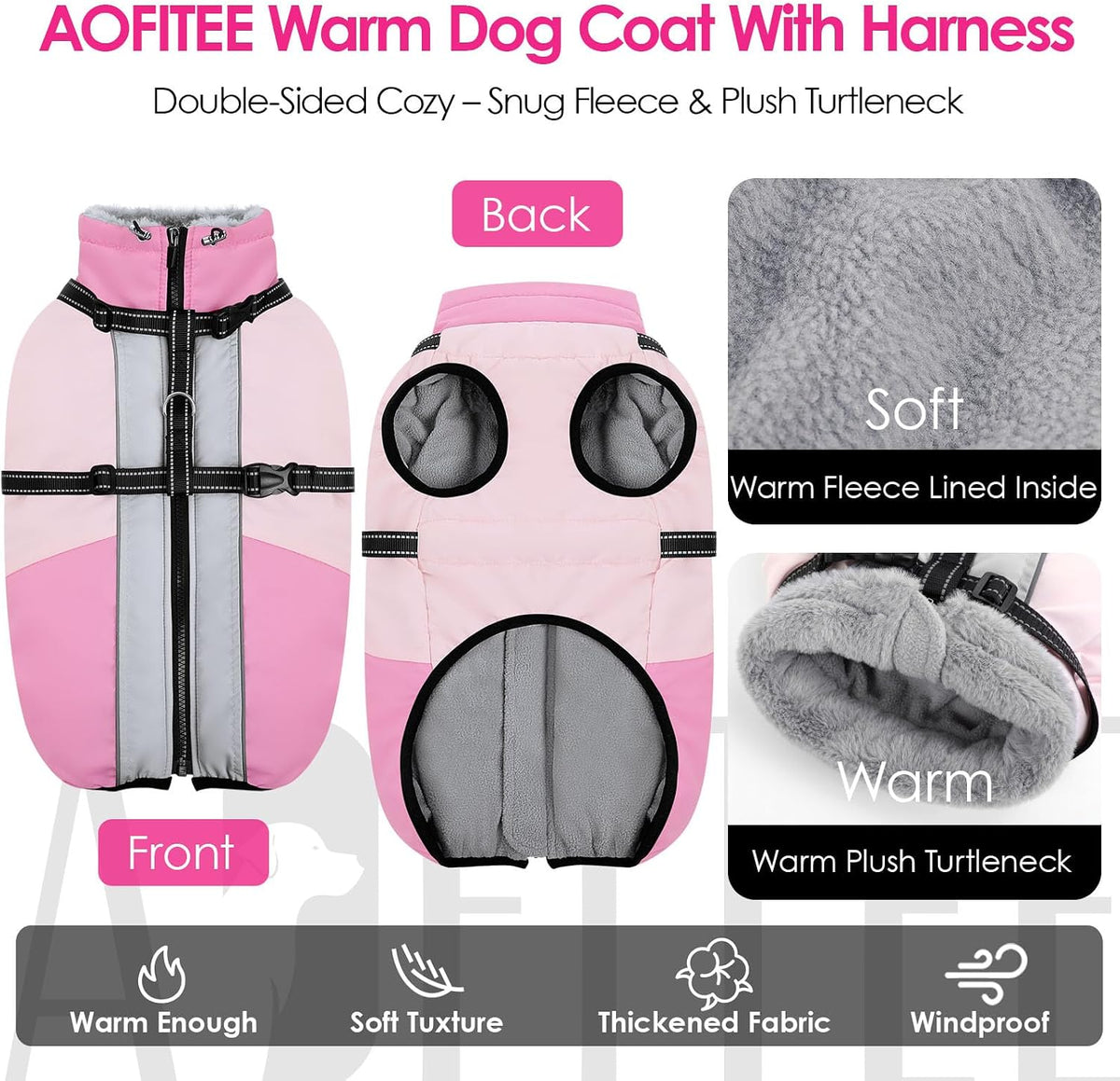 Large Dog Coat Waterproof Dog Winter Jacket with Harness TurquoiseL – Essentials for Dogs - Pink / X-Small - image 2