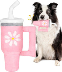 Squeaky Dog Toy - Crinkle Pup Cup Tumbler Plush Dog Toy with Cute Daisy Design for Small Medium Breeds, Funny Interactive Puppy Birthday Gift (Pink)