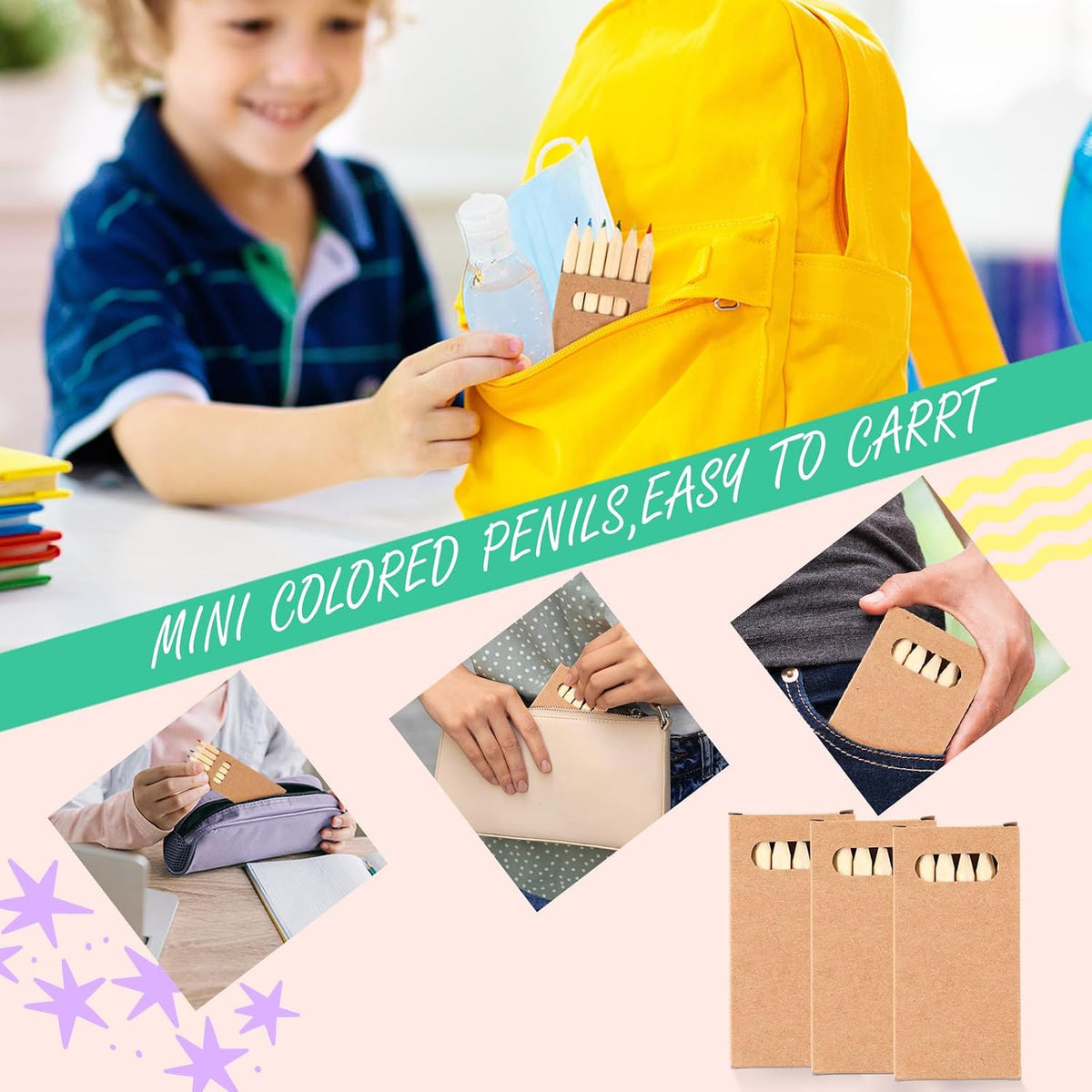 Faccito mini colored pencils bulk pack, small paper boxes of 6 short wooden pencils - view 20