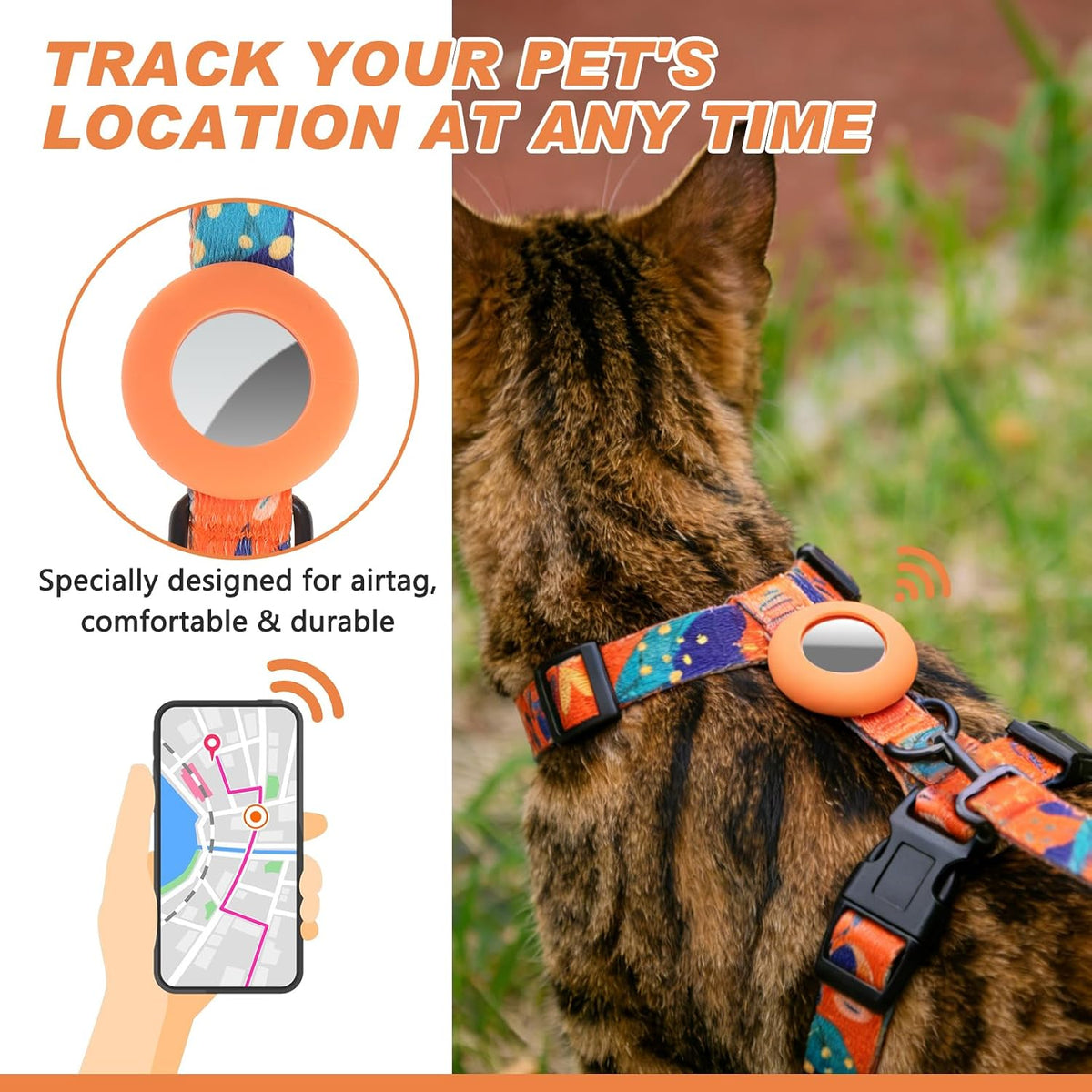 Cat Harness and Leash Set with Airtag Holder for Walking & Travelling - Orange Print - image 2