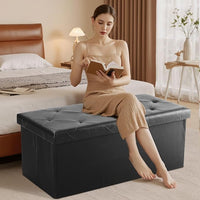 Sweetcrispy 43 Inches Folding Ottoman with Storage Bench, Foot Rest Stool, End of Bed Storage Bench Upholstered, Load 660 lbs, for Living Room, Lychee Grain Leather, Black