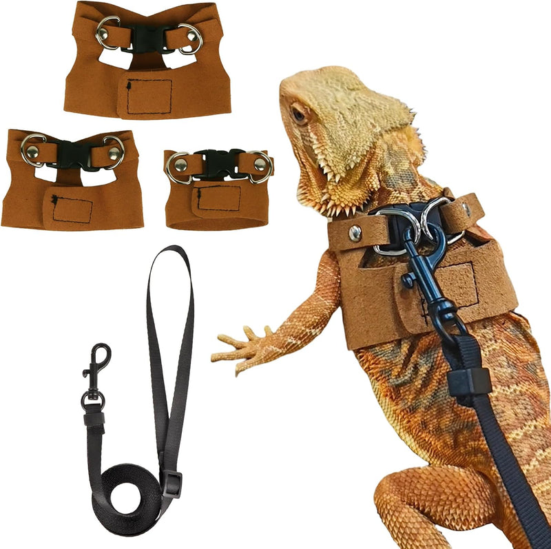 Bearded Dragon Harness Leash Set, 3 Size Lizard Harness - Brown