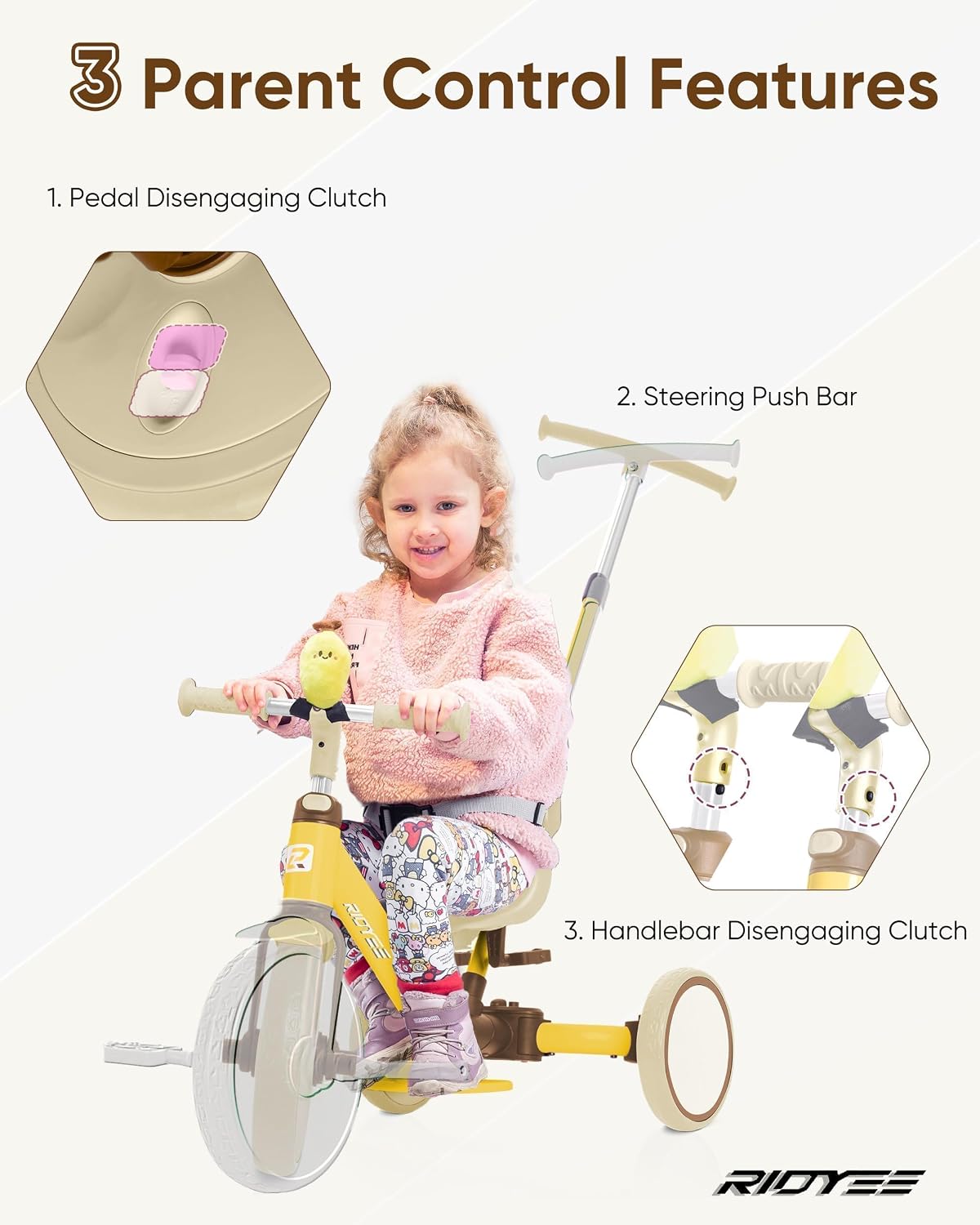 RIDYEE 5-in-1 toddler tricycle with parent push handle and harness seat - view 11