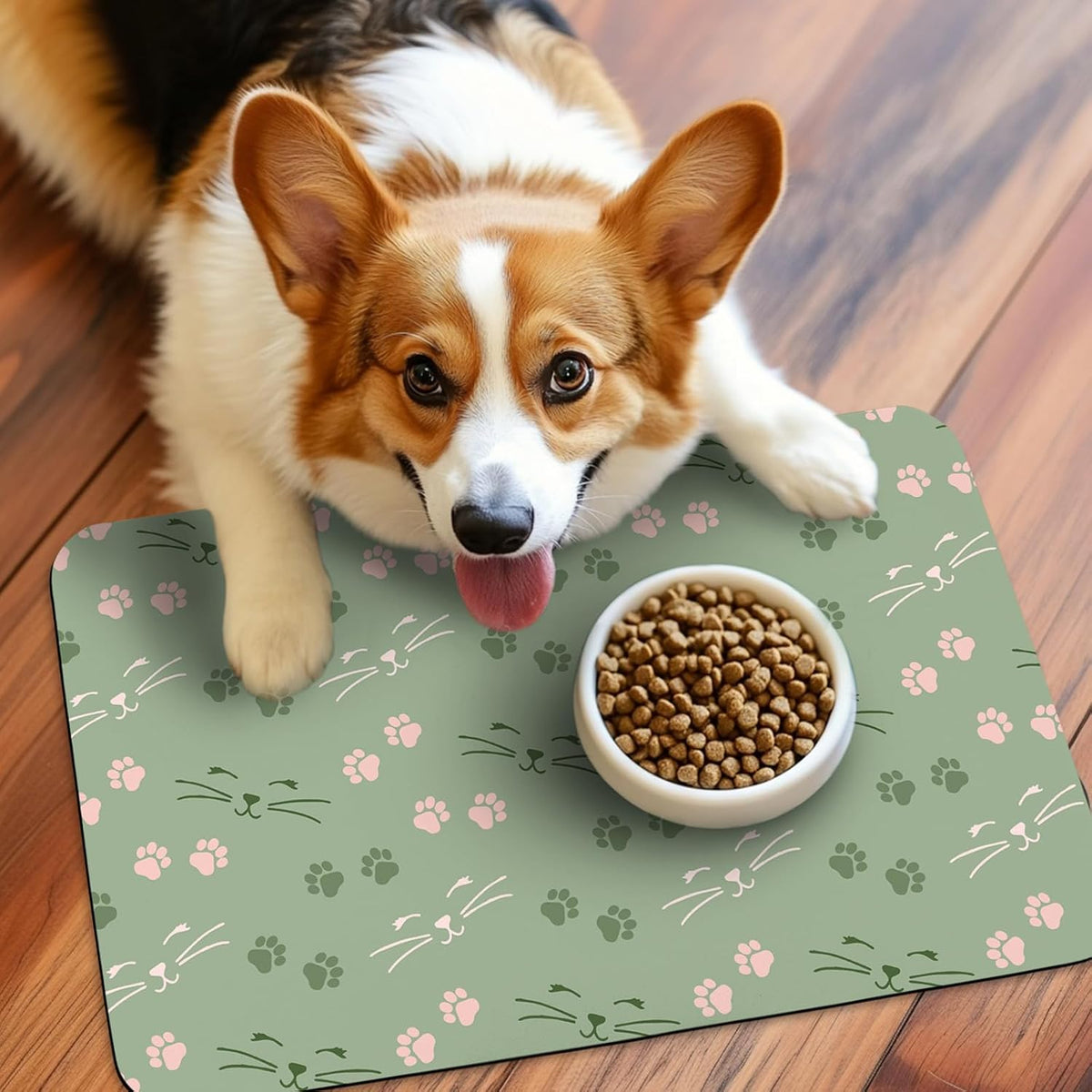 Patterned Cat & Dog Bowl Mat for Food and Water - Small (12" x 20") / Light Green-catpaw - image 2