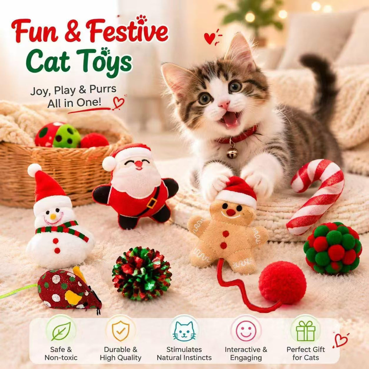 TUSATIY Cat Toy Balls with Bell 3PCS - 10PCS Christmas - image 2
