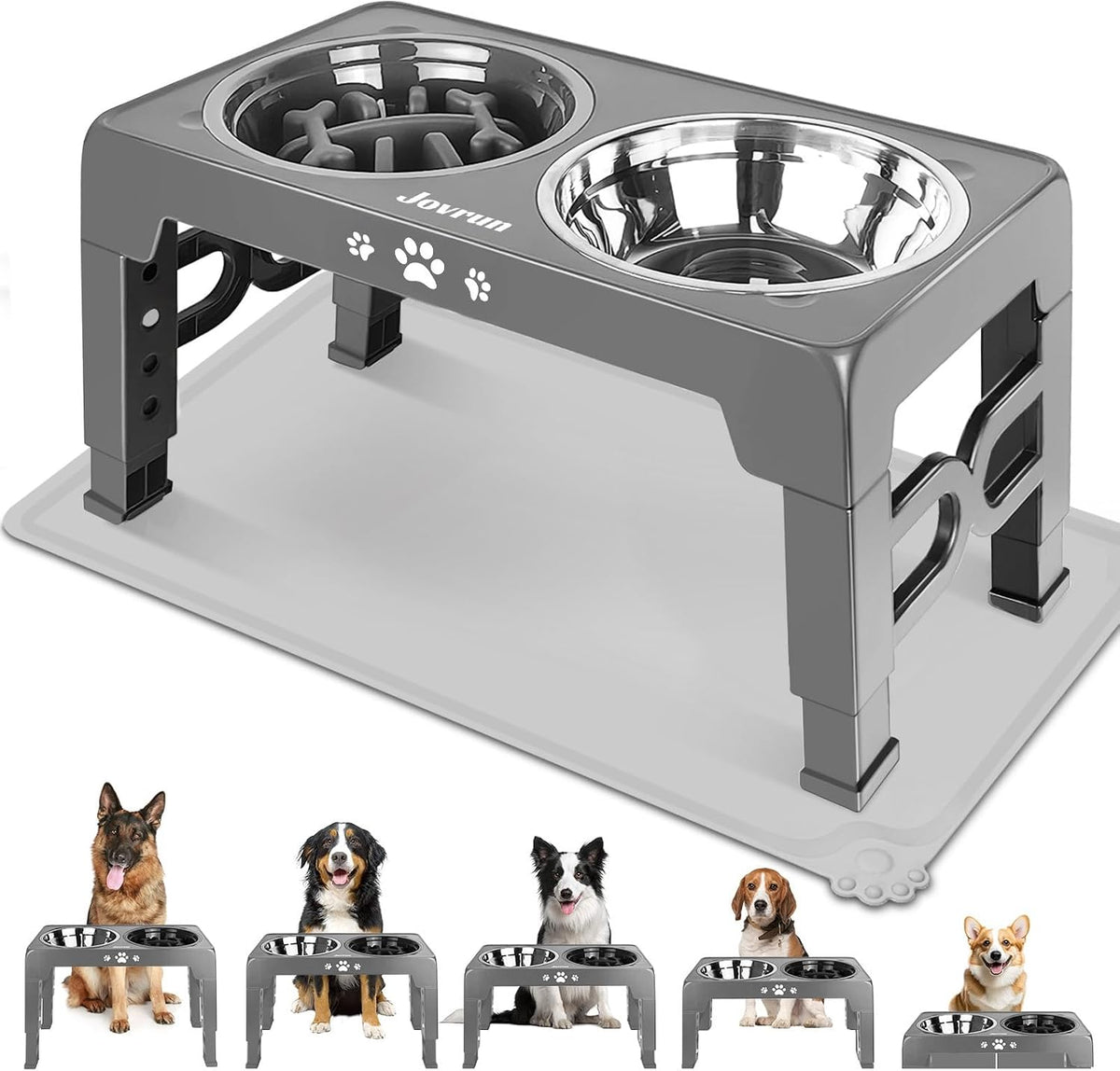 Elevated Dog Bowls for Medium Large Size Dogs - Grey / Medium Large with Mat / 1 Basic&1Slow Bowl