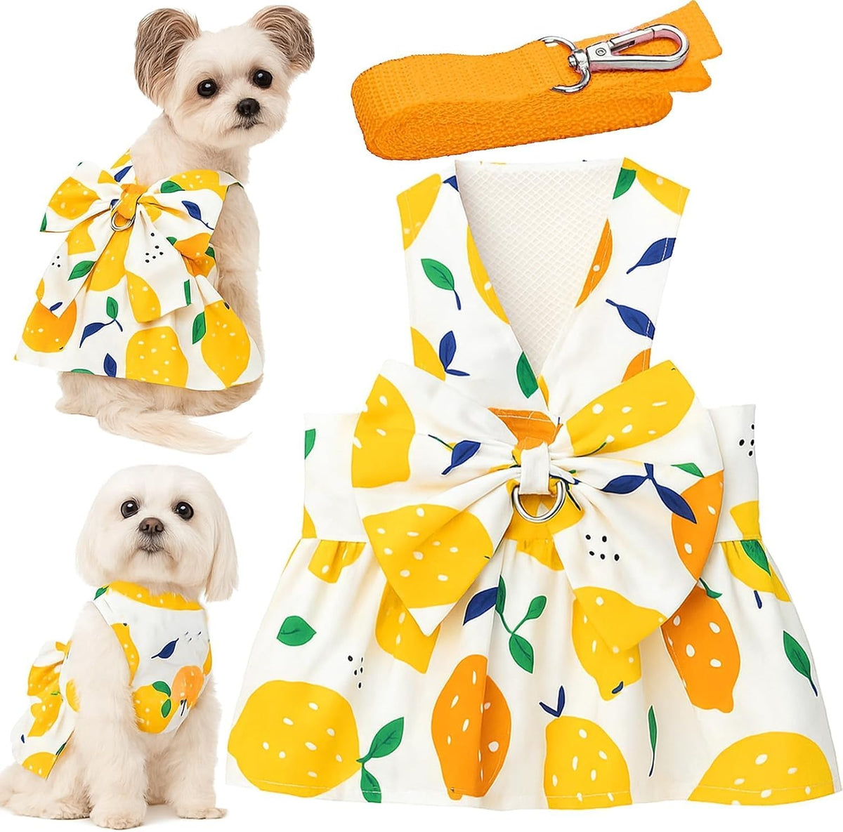 Dog Dress Bowknot Harness Leash Set for Small Girl Dogs Pink Floral - Yellow Lemon / X-Small