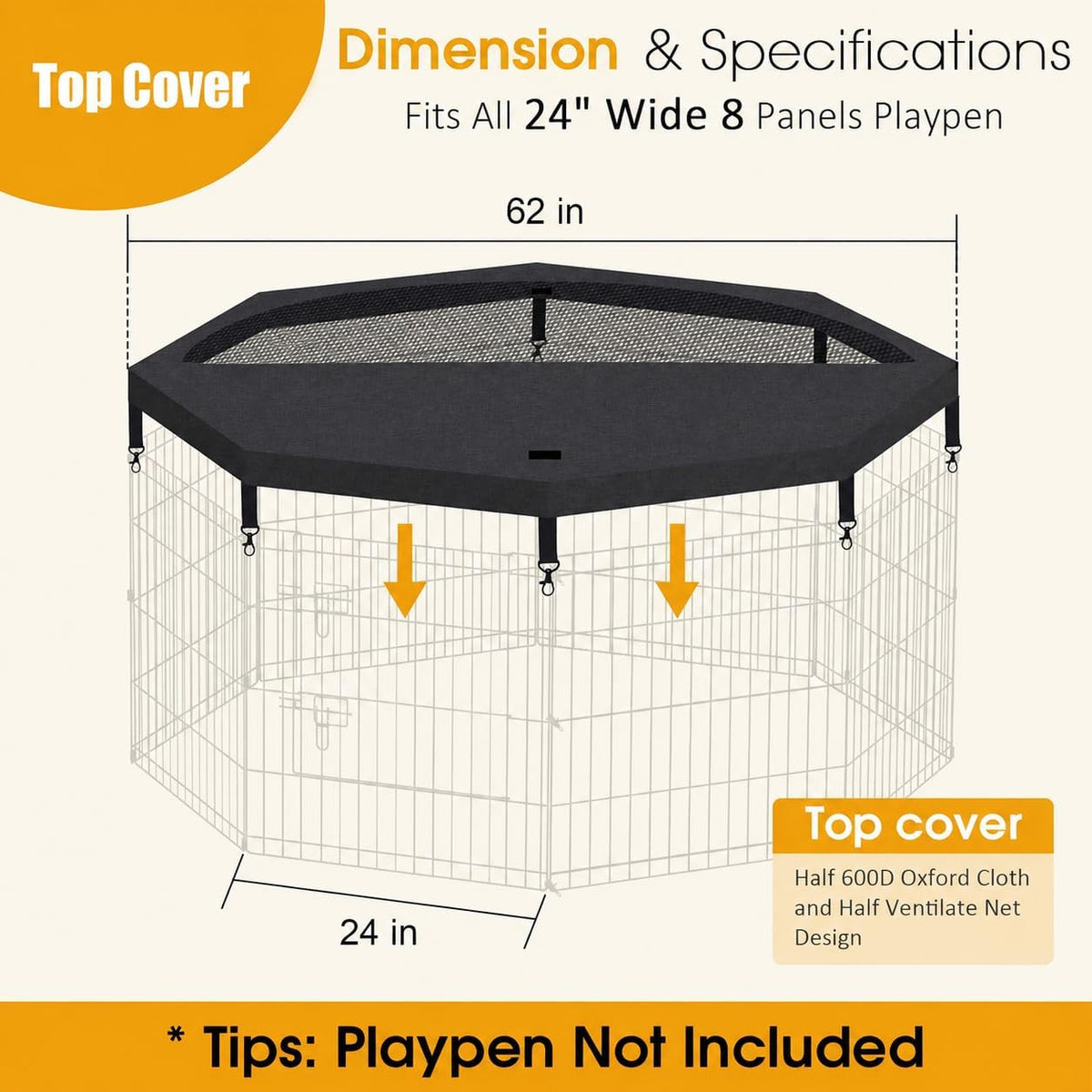 Artmeer 24"H Dog Playpen with Door & Octagonal Top Cover - Octagonal Top cover - image 2