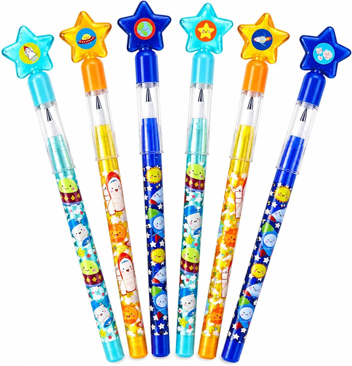 TINYMILLS outer space stackable rocket pencils for kids, 24 colorful pencils with star caps - view 3