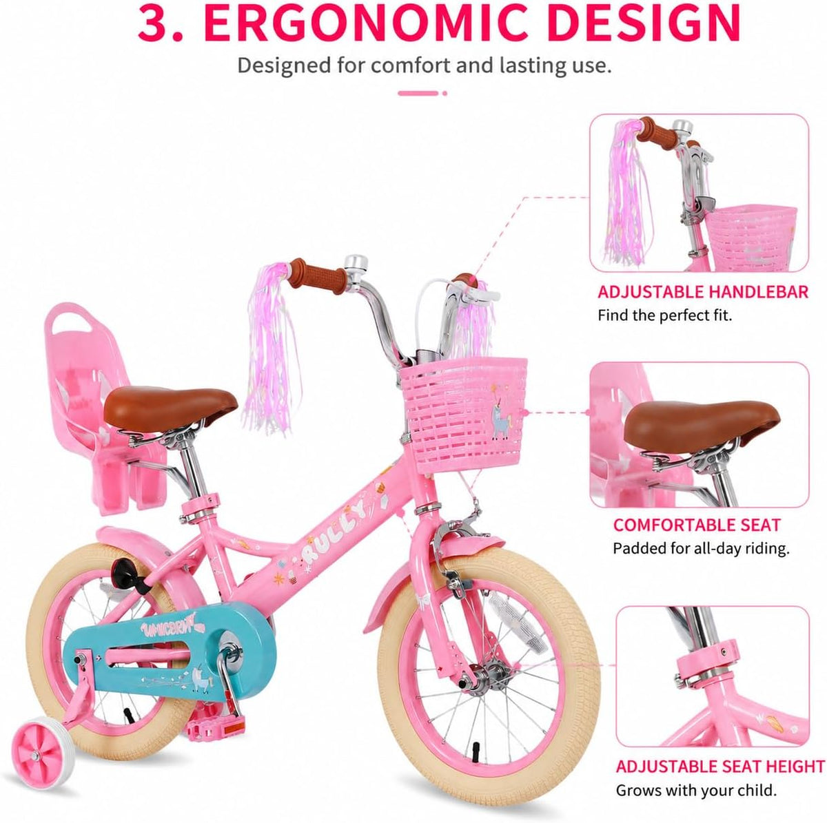 RULLY pink unicorn kids bike with training wheels, front basket, doll seat and streamers - view 13