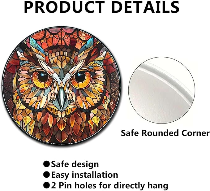 Lygond Metal Sign Tin Sign Circular Stained Glass Owl Metal Garden Signs for Garden 12×12 Inches