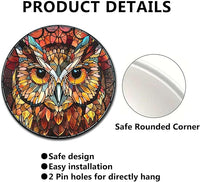 Lygond Metal Sign Tin Sign Circular Stained Glass Owl Metal Sign for Patio 8×8 Inches