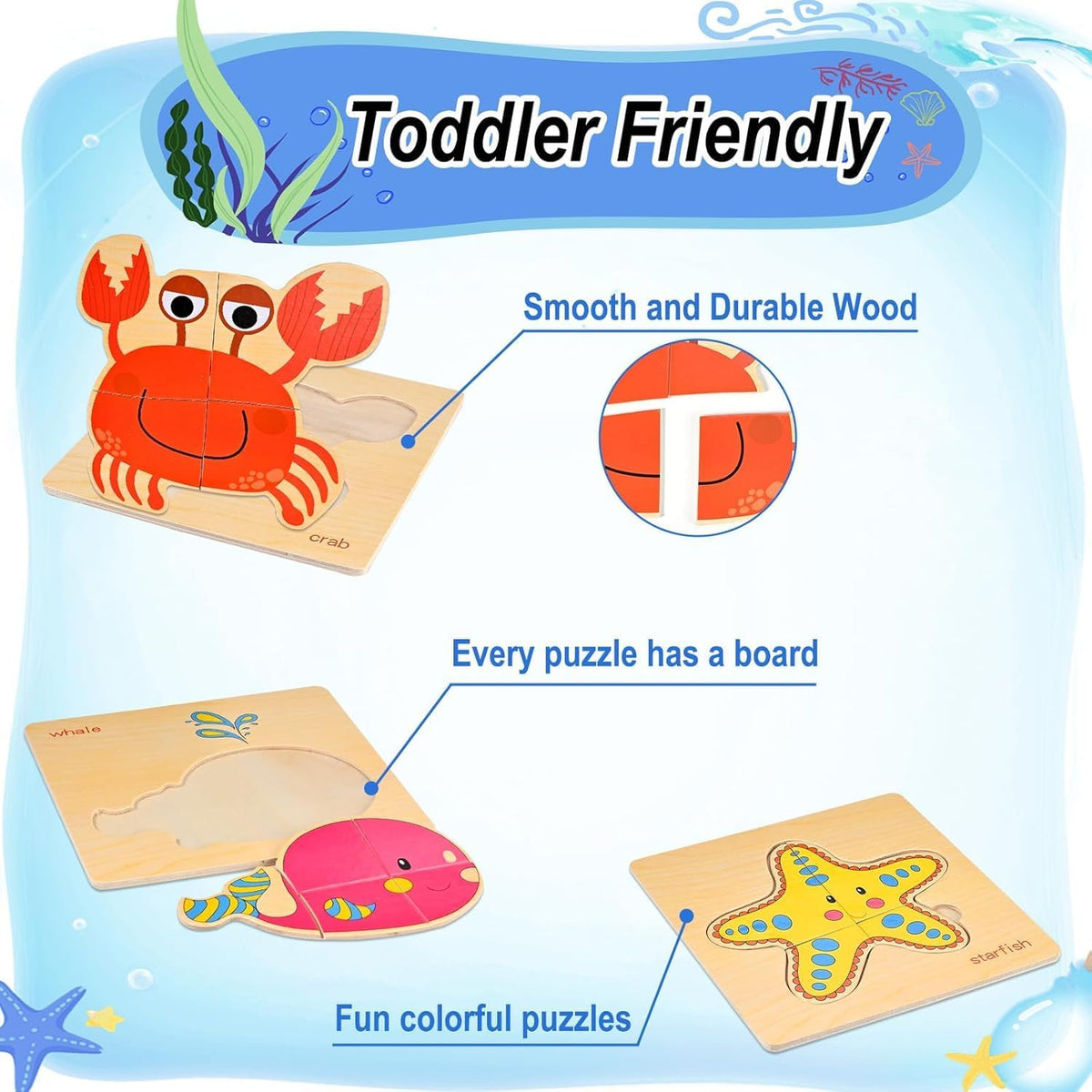 8pcs Wooden Puzzles for Toddlers 1-3, Toddler Puzzles Ages 2-4 – Fun for Kids & Family - Marine Animals - image 4