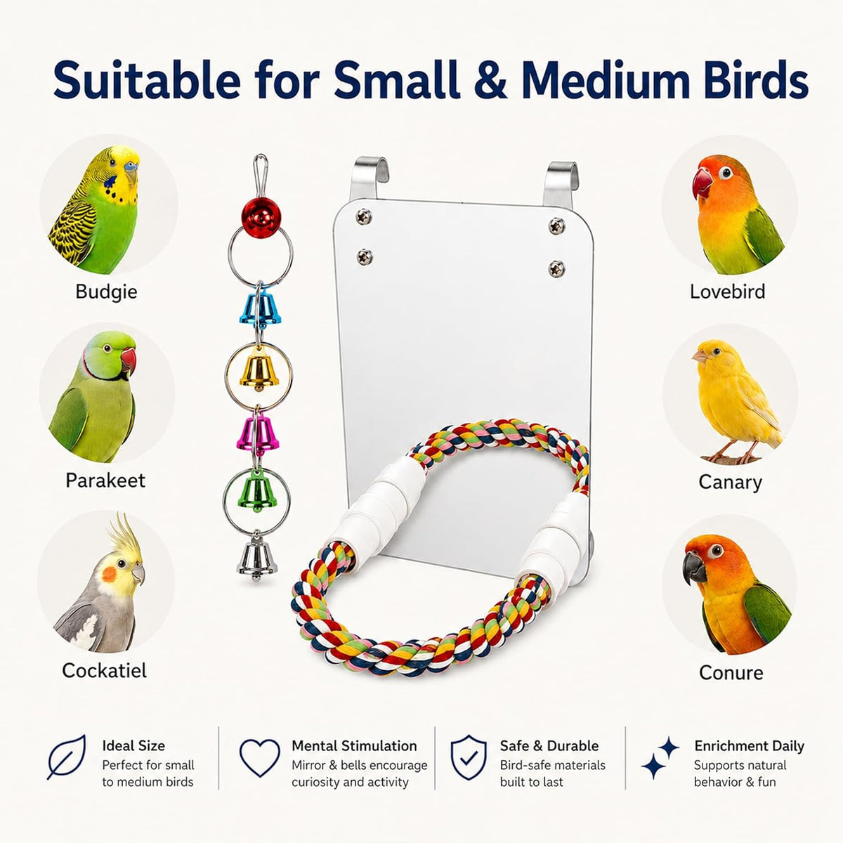 7" Bird Mirror with Rope Perch Bird Toys Swing - 7 inch - image 4
