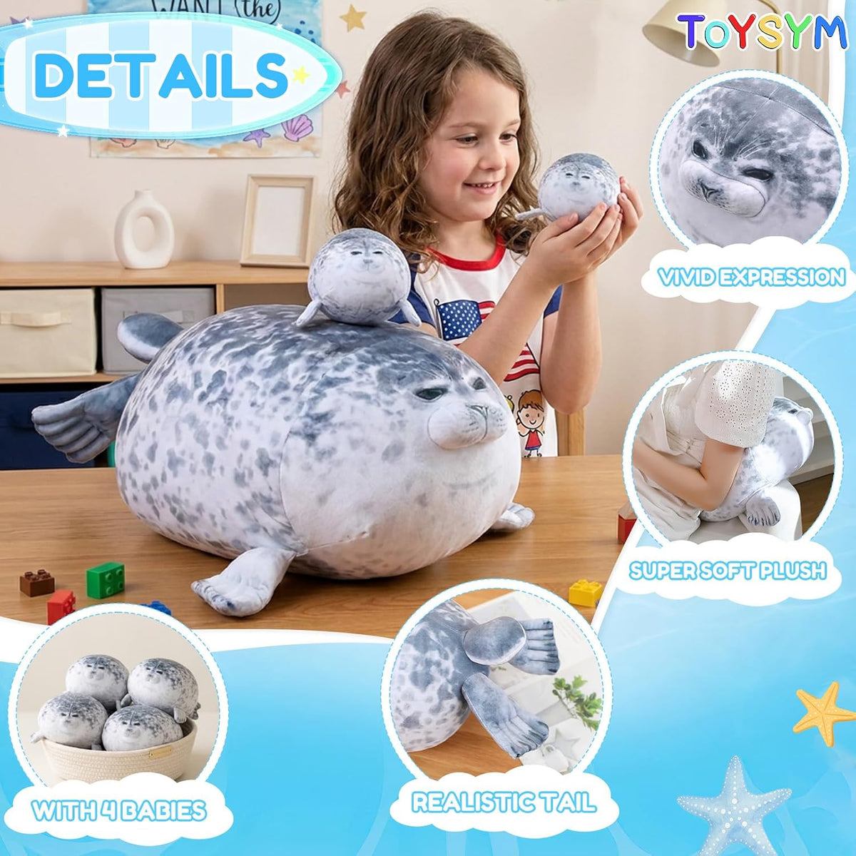 TOYSYM Seal Plush with 4 Babies - Gray - image 3
