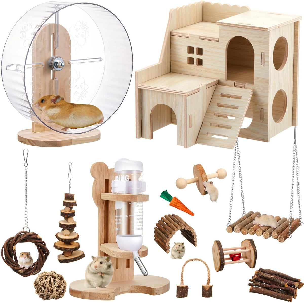 18 Pcs Hamster Cage Accessories Set with Hamster Wheel Maze House – Essentials for Small Pets - Mixed Play Style
