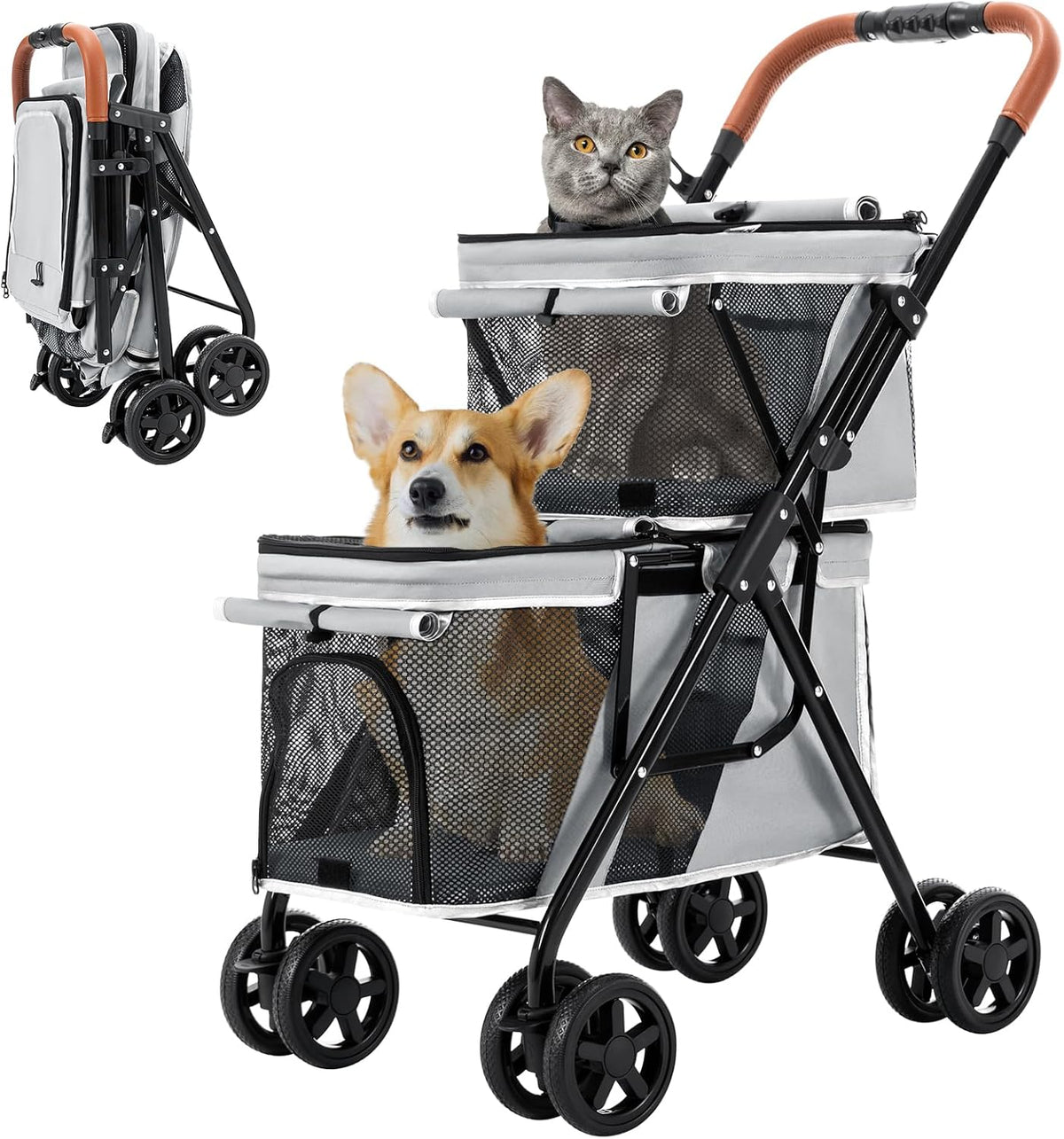 Double Pet Stroller for 2 Dogs & Cats, Double-Decker, Blue – Essentials for Dogs - Gray