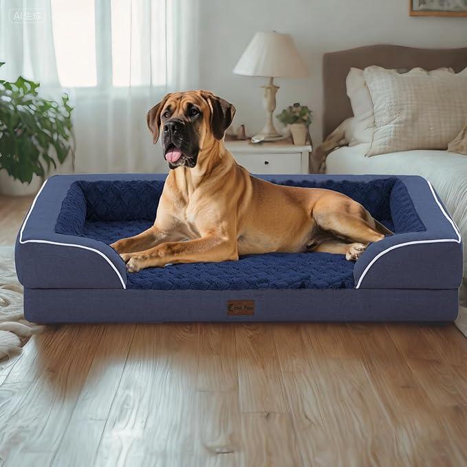Orthopedic XL Dog Bed for Extra Large Dogs, Waterproof Memory Foam Dog Beds with Sides, Non-Slip Bottom and Egg-Crate Foam Big Dogs Couch Beds with Removable Washable Cover(X-Large,Navy Blue)