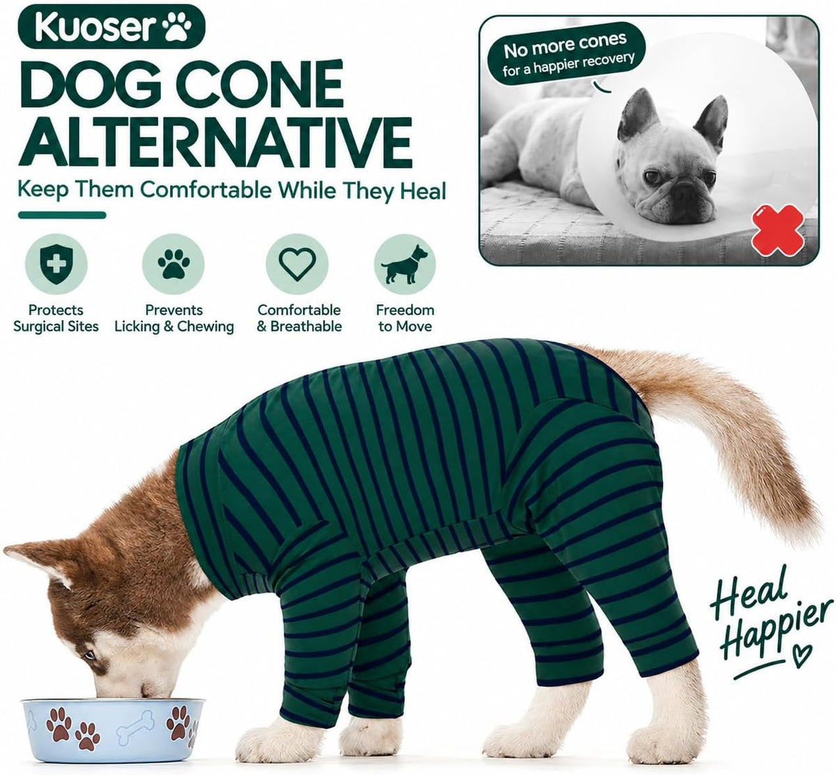 Kuoser long-sleeve dog recovery suit with back zipper and stretchy fabric - view 3