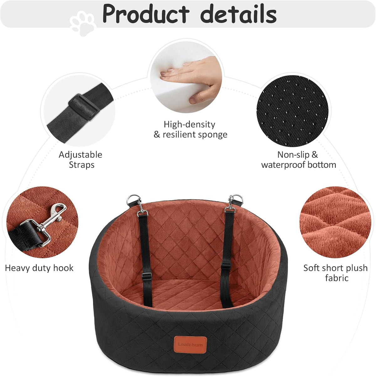 Lealchum Dog Car Seat for Small Dogs Up to 30 Lbs with 2 Safety Dog - Black/Brown / Small - image 3