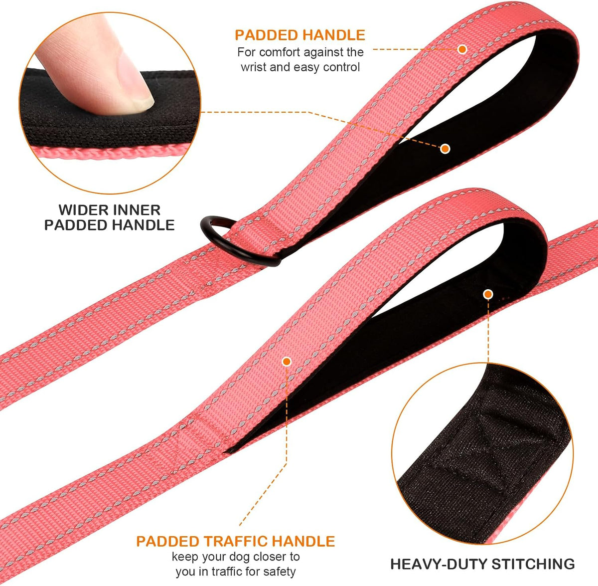 Joytale Reflective Dog Leash for Medium & Large Dogs - 5 ft 2 Handle / Neon Pink - image 2