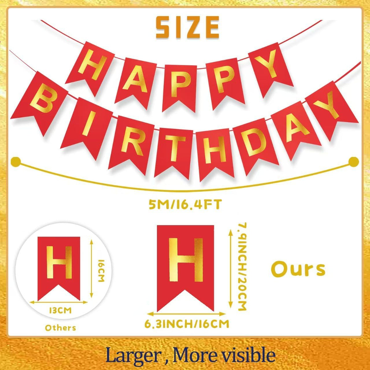 Happy Birthday Banner,Pre-Strung Black and Gold Party Decorations，16ft Pre-Strung Hanging Sign - red - image 3