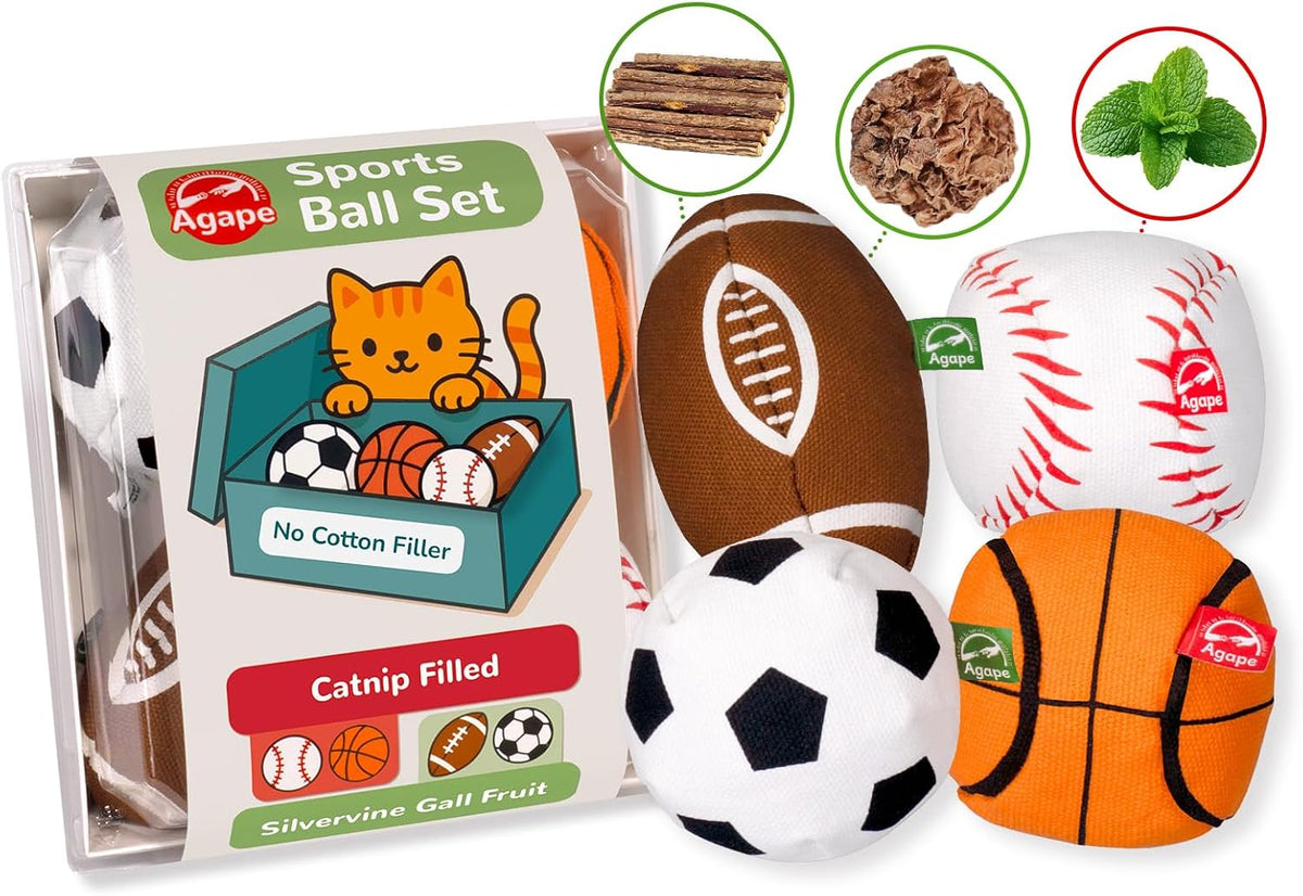 Agape Organic Catnip & Silvervine Filled Cat Toy Balls with Bell Sound – Essentials for Cats - 4 Ball Set