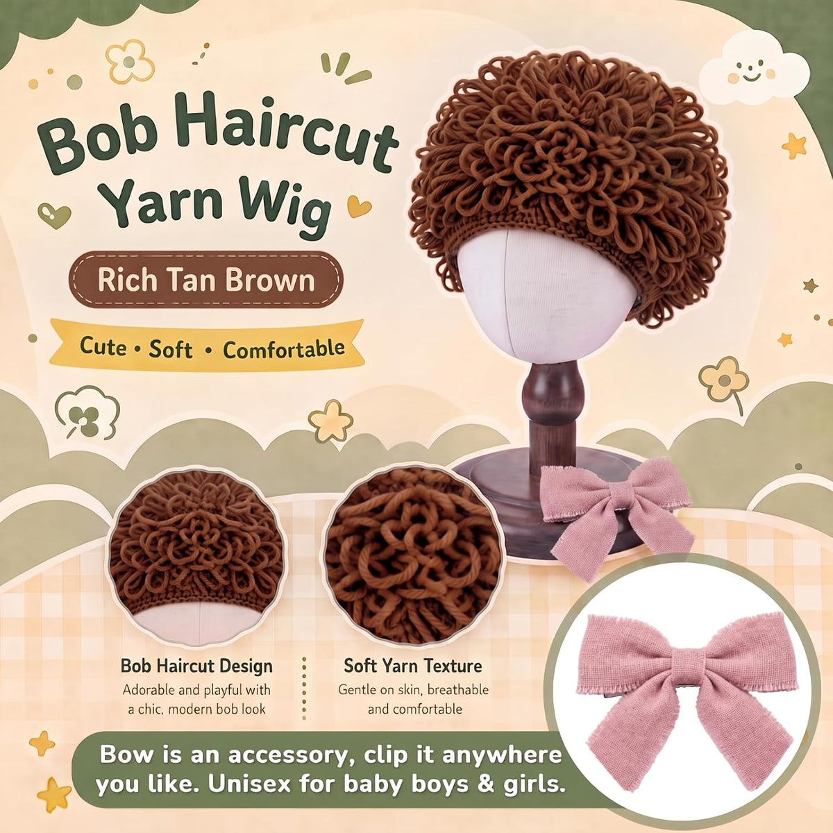 Halloween Cabbage Costume Yarn Wig - Brown 6 / Curly Crop - image 3